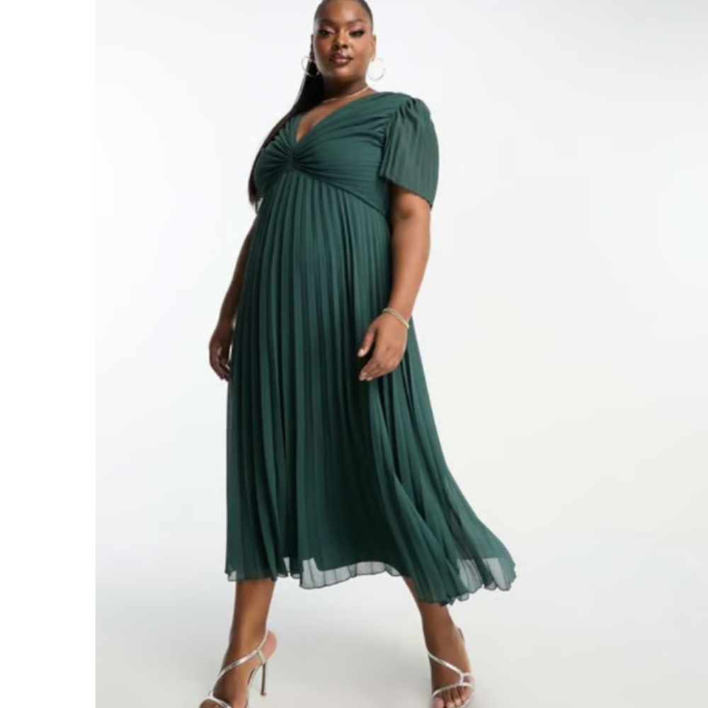 ASOS Pine Green Pleated Midi Dress with Flutter Sleeves
